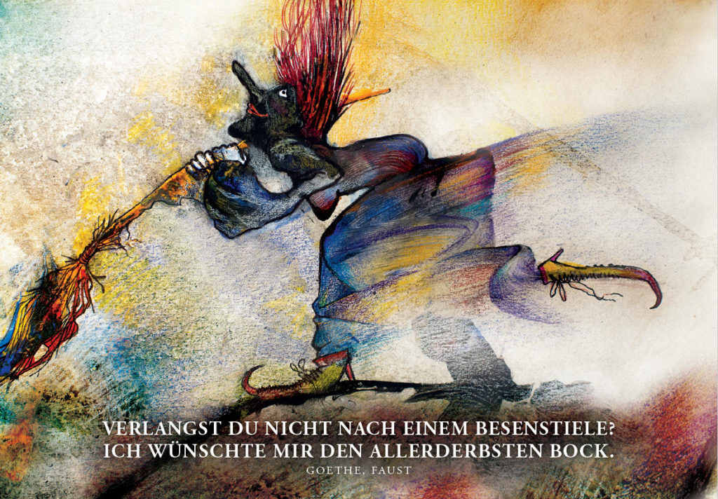 Postkarten Illustration Hexe mit Besen