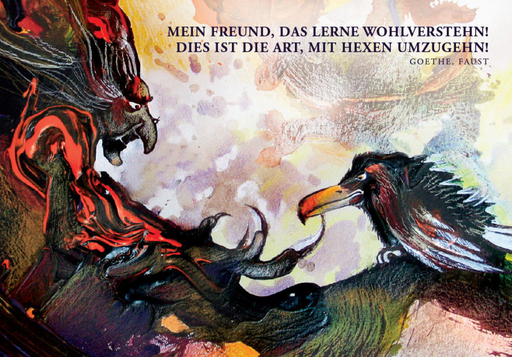 Postkarten Illustration Hexe mit Rabe